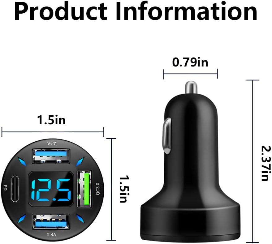 USB-C PD and QC 3.0 Car Charger with LED Voltmeter