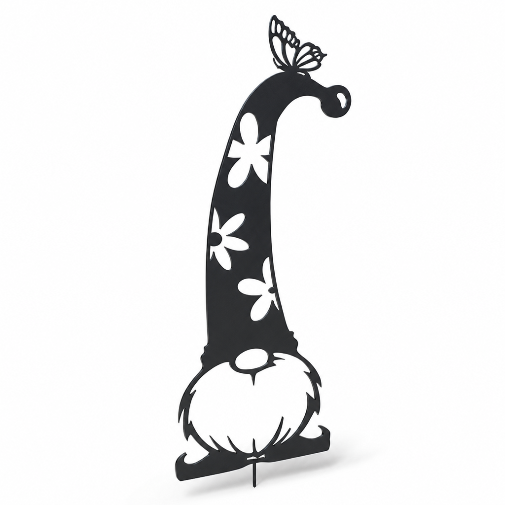 Weather-Resistant Iron Garden Gnome Stake (Butterfly & Flower Cutouts)