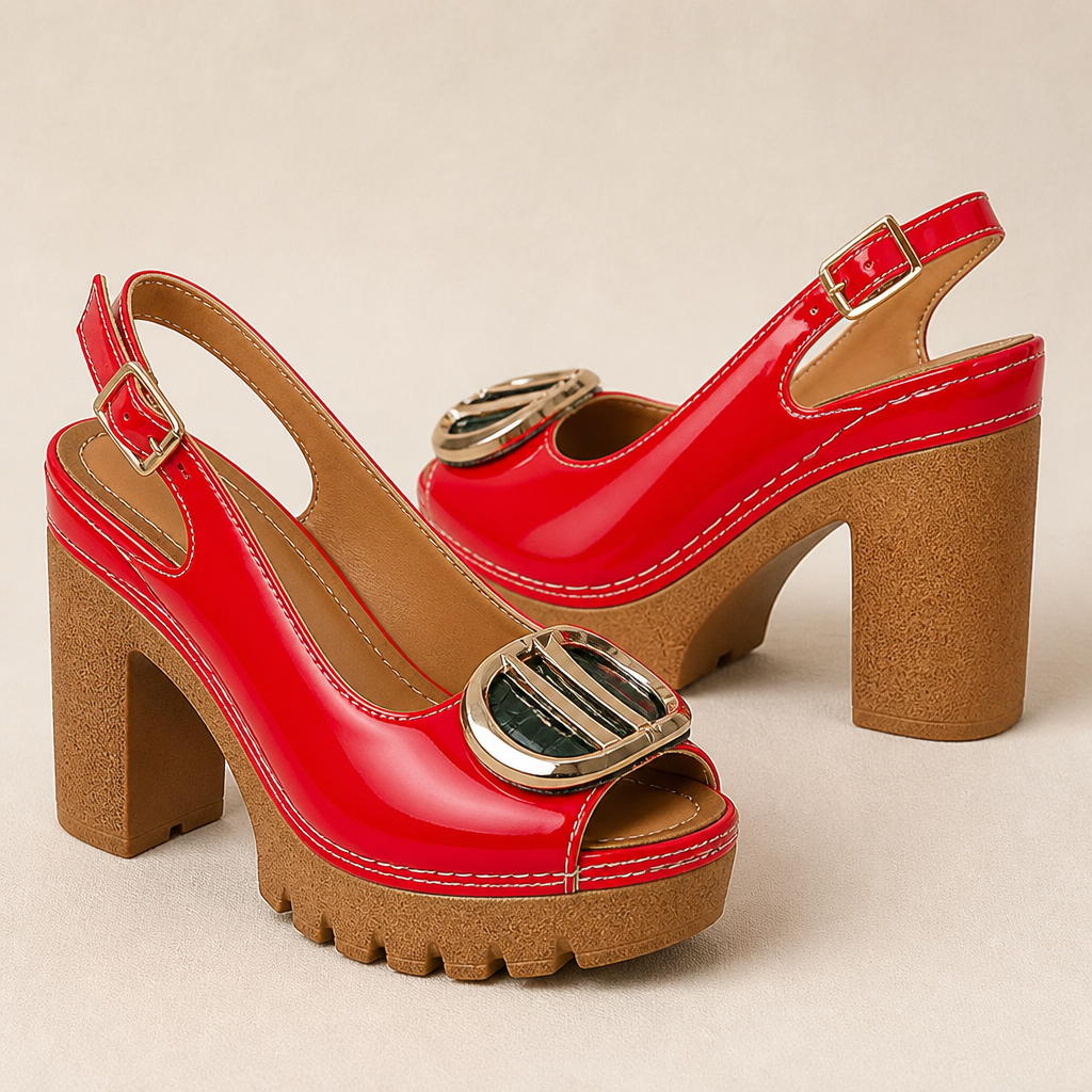 VivantaStrut™ – Bold Chunky Slingback Platform Heels with Gold Buckle