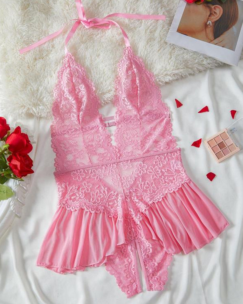 ArdentMist™ – Sheer Mesh Skirt Babydoll with Floral Lace Halter