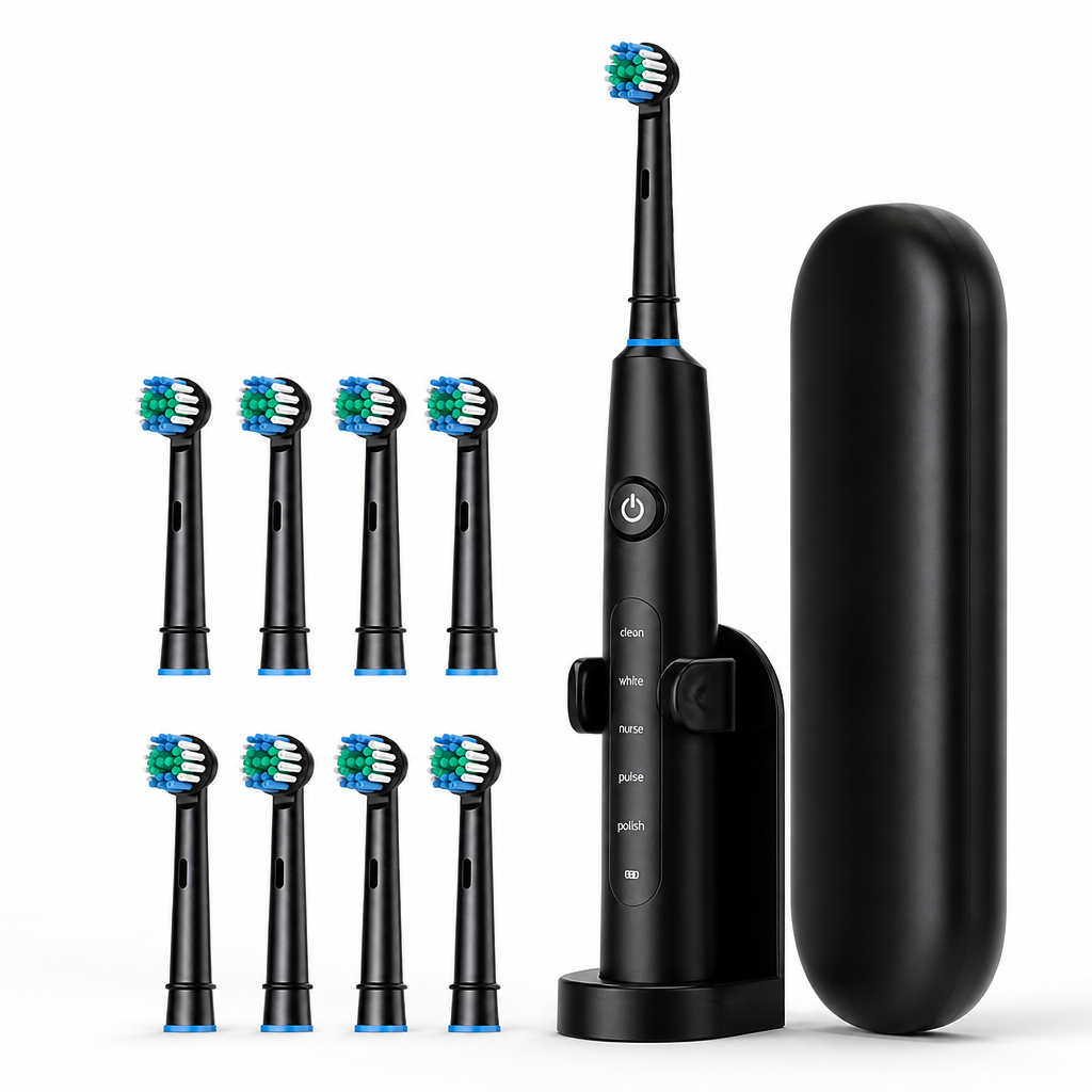 Electric Toothbrush with Rotating Whitening Action – 8 Replacement Heads + Travel Case