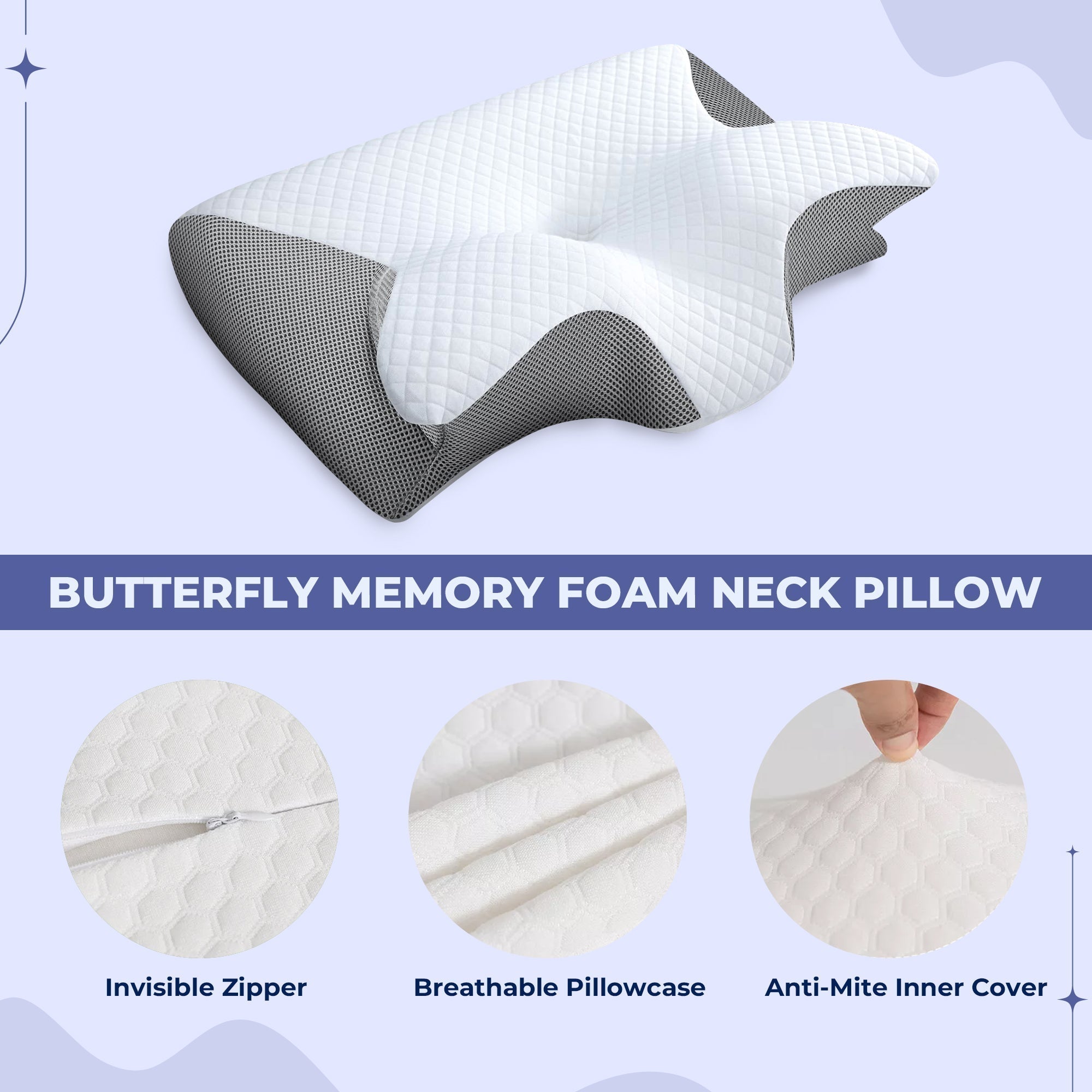 Butterfly Neck Pillow with Memory Foam - Pillowcase Included