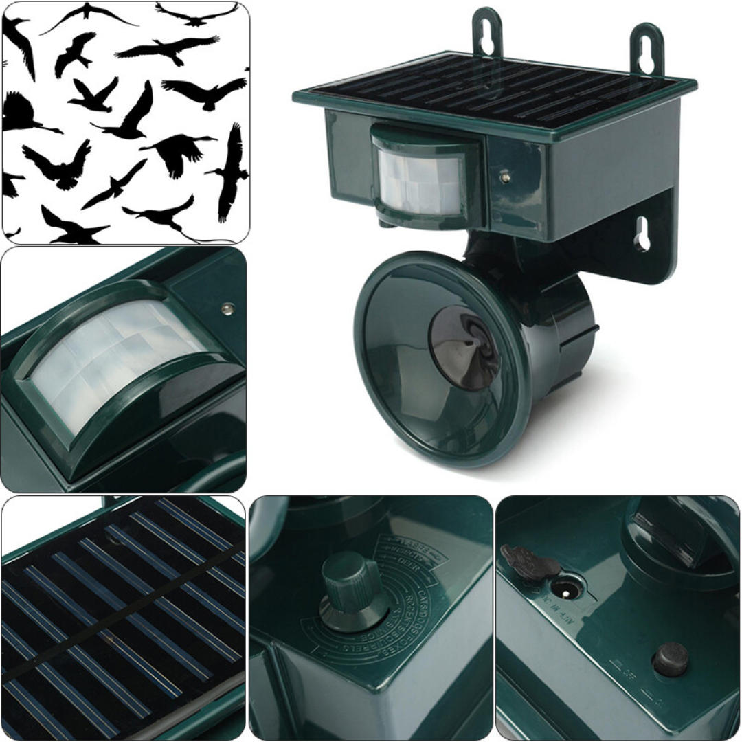 Motion-Sensing Solar Bird Deterrent with Sound Repellent