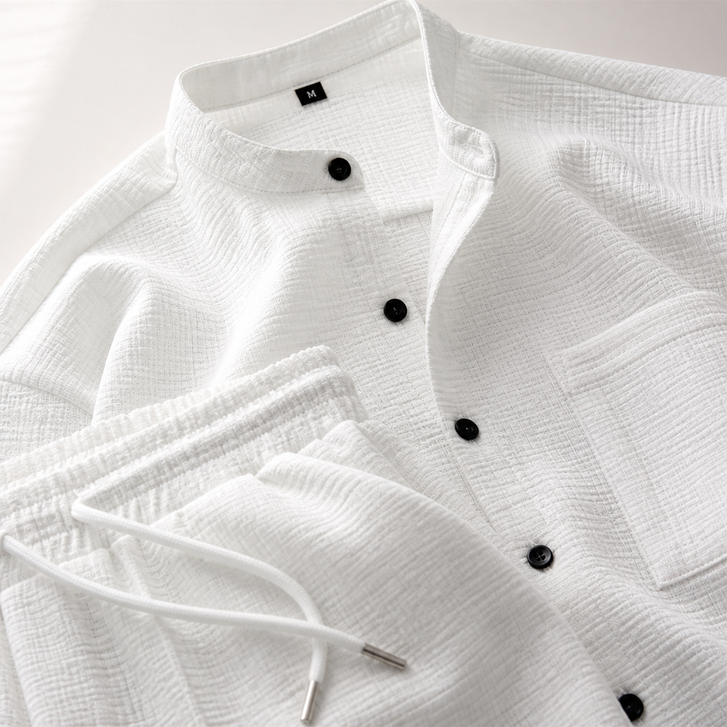 Stridonity™ – Relaxed Waffle-Texture Band-Collar Shirt & Pants Set