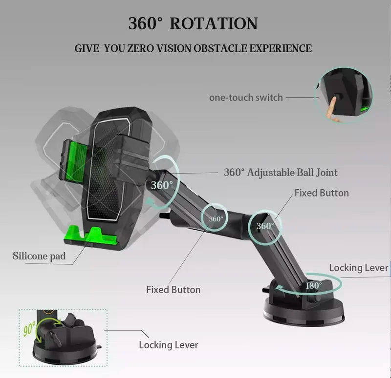 360-Degree Rotating Phone Holder for Trucks with Extended Reach Arm