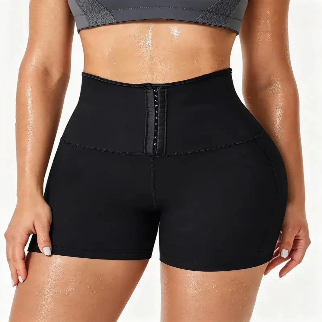 High Waist Shorts with Moisture Wicking and Built-In Waist Trainer - Four-Way Stretch