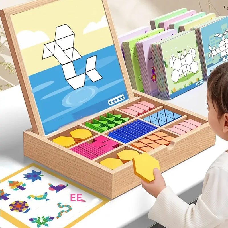 Wooden Building Blocks Set with Magnetic Pieces and Pattern Cards