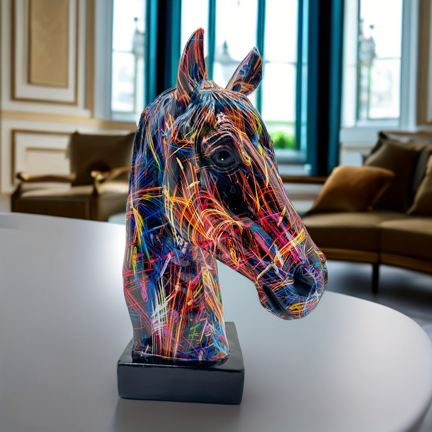 Resin Horse Head Statue Featuring Paint Splatter Artwork