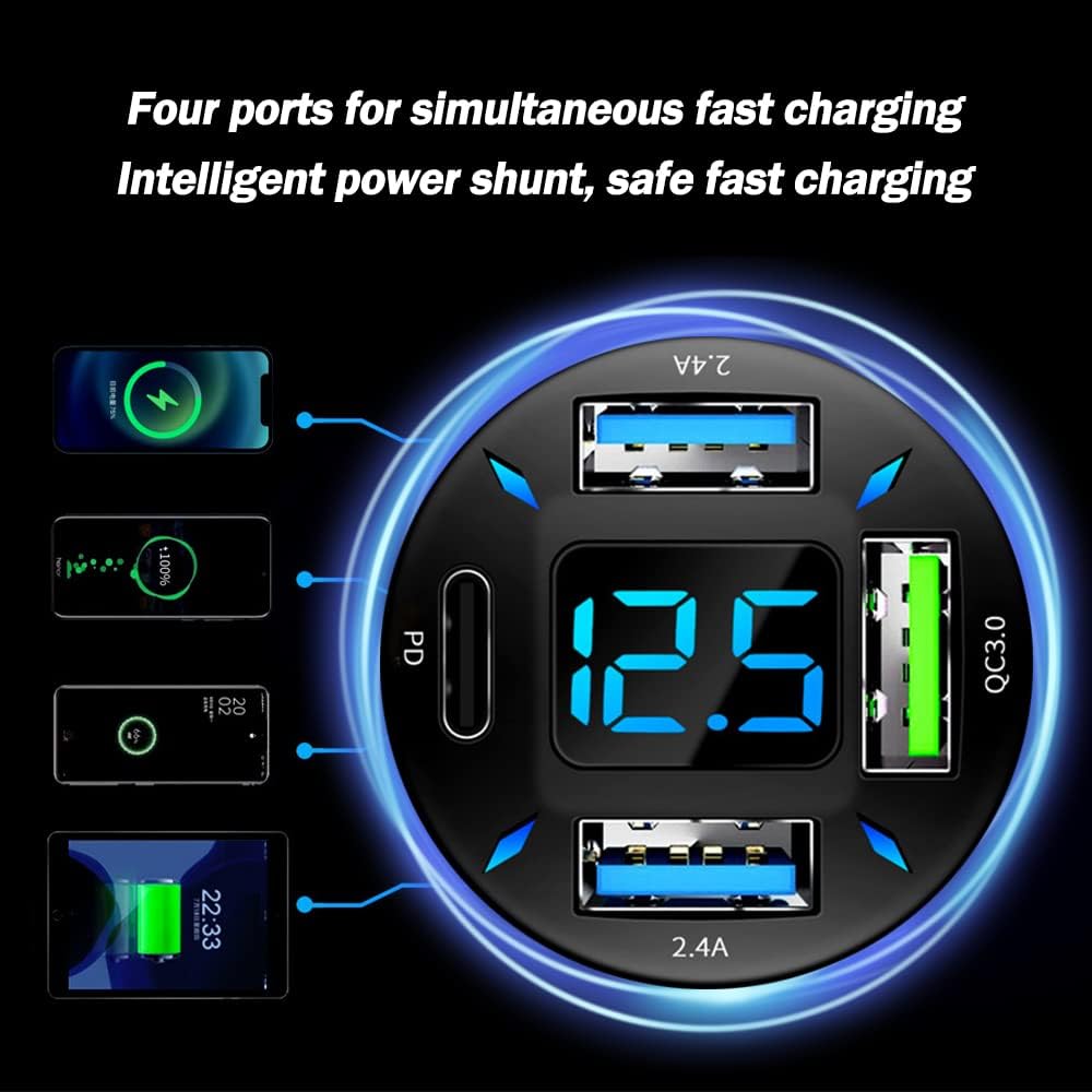USB-C PD and QC 3.0 Car Charger with LED Voltmeter