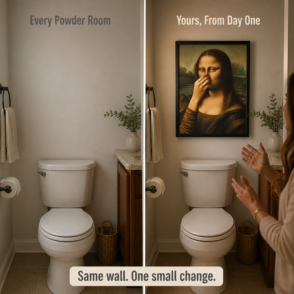 QuirkyCharm™ — Hang Mona Lisa Holding Her Nose Over Your Toilet