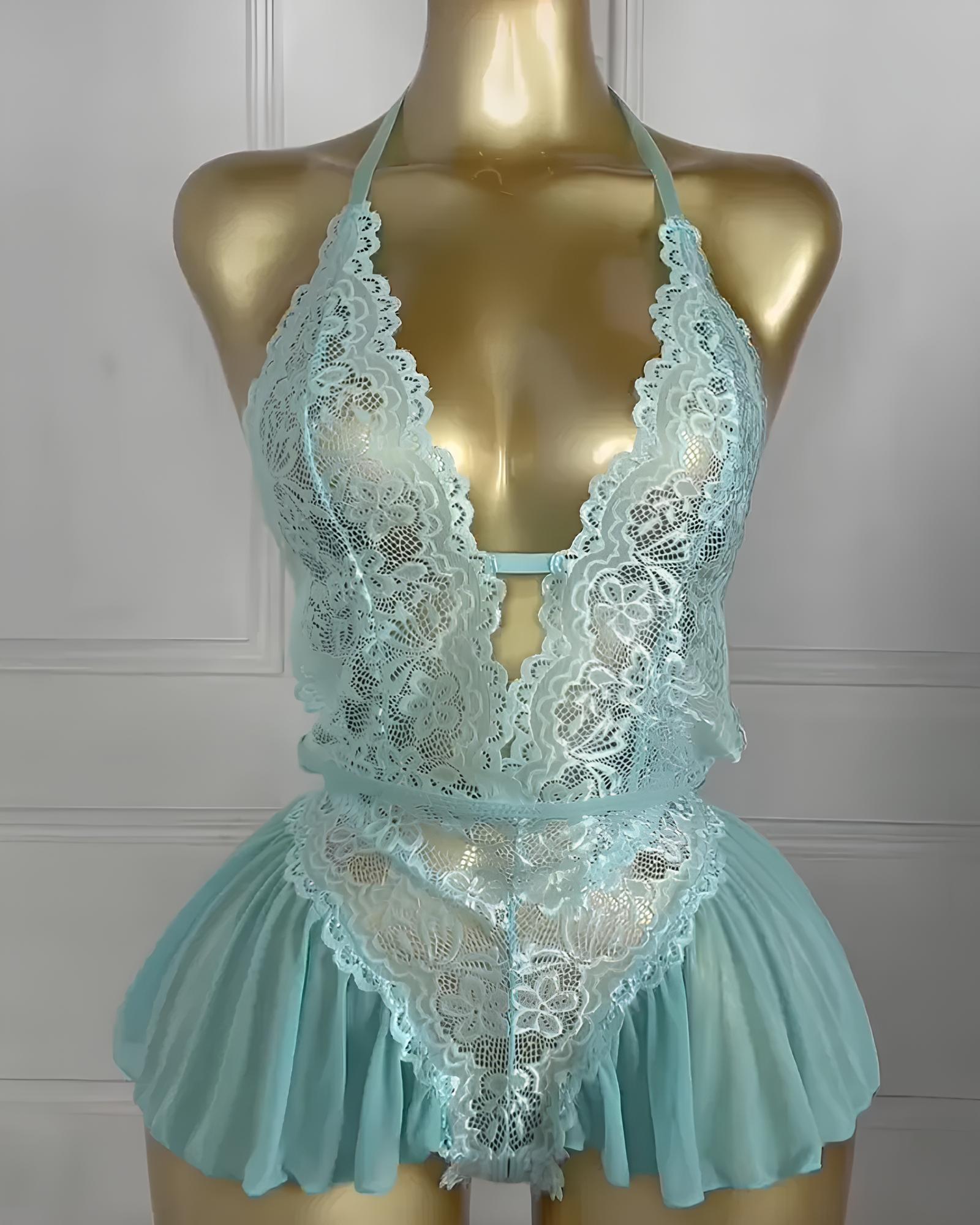ArdentMist™ – Sheer Mesh Skirt Babydoll with Floral Lace Halter
