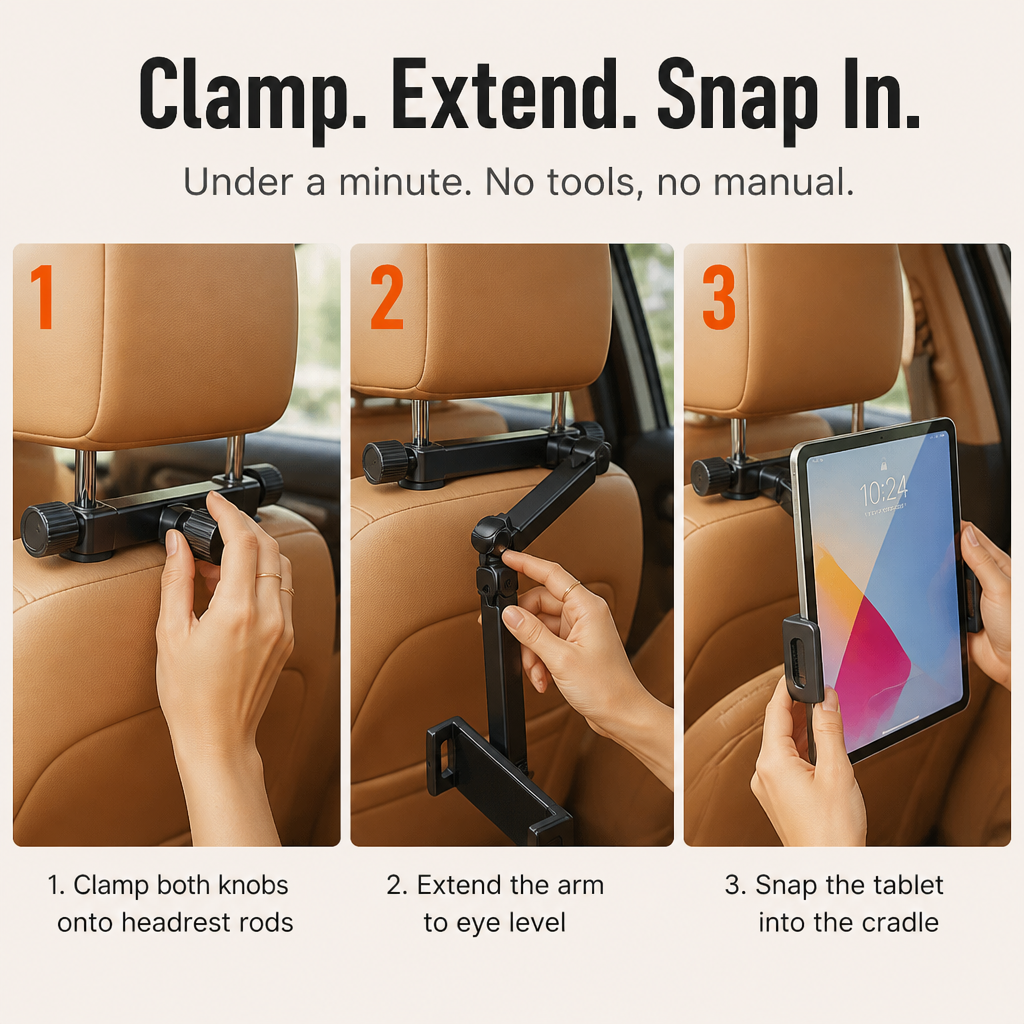 RoadEase™ — Position Your Tablet Perfectly Centered Between Headrests for Comfortable Backseat Viewing