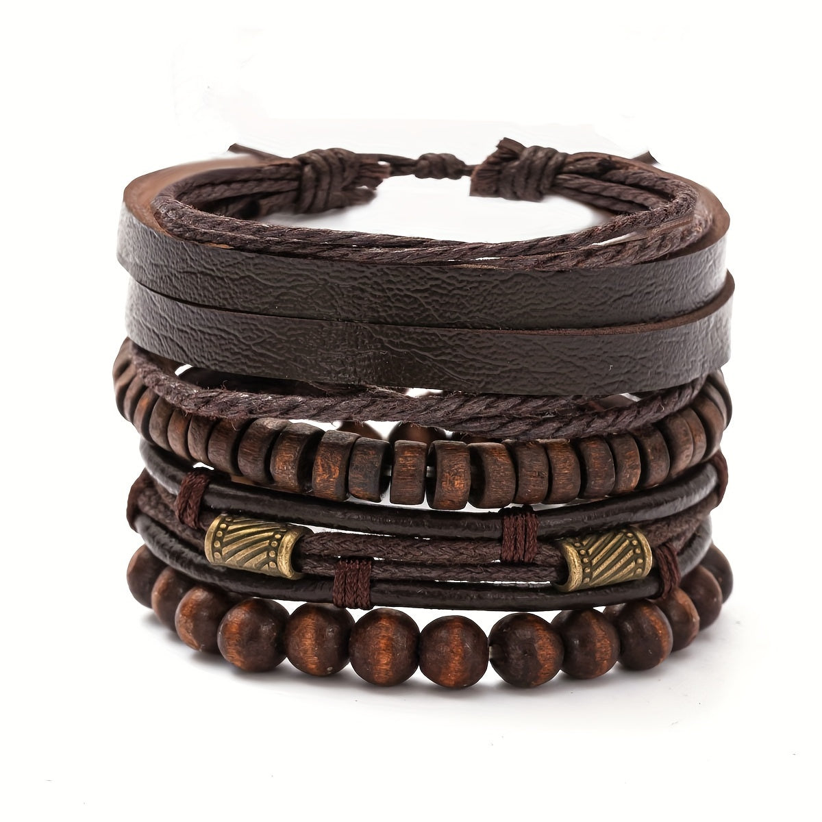 Multilayer Adjustable Bracelet Set with Wooden Beads and Leather