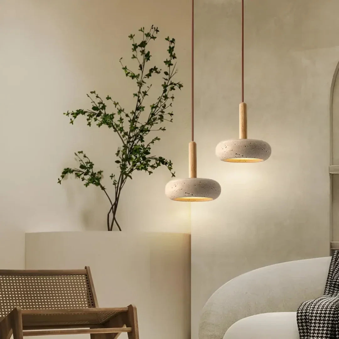 Travertine Hanging Light with Wooden Accent – Warm Glow, Adjustable Cord