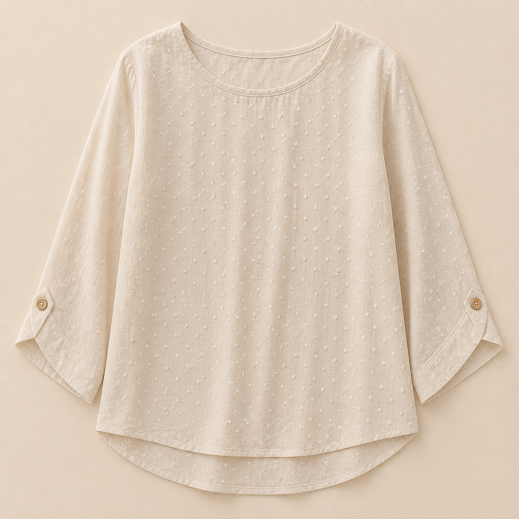 SilkoraWave™ – Laid-Back Swiss-Dot Top Featuring Buttoned Sleeve Tabs
