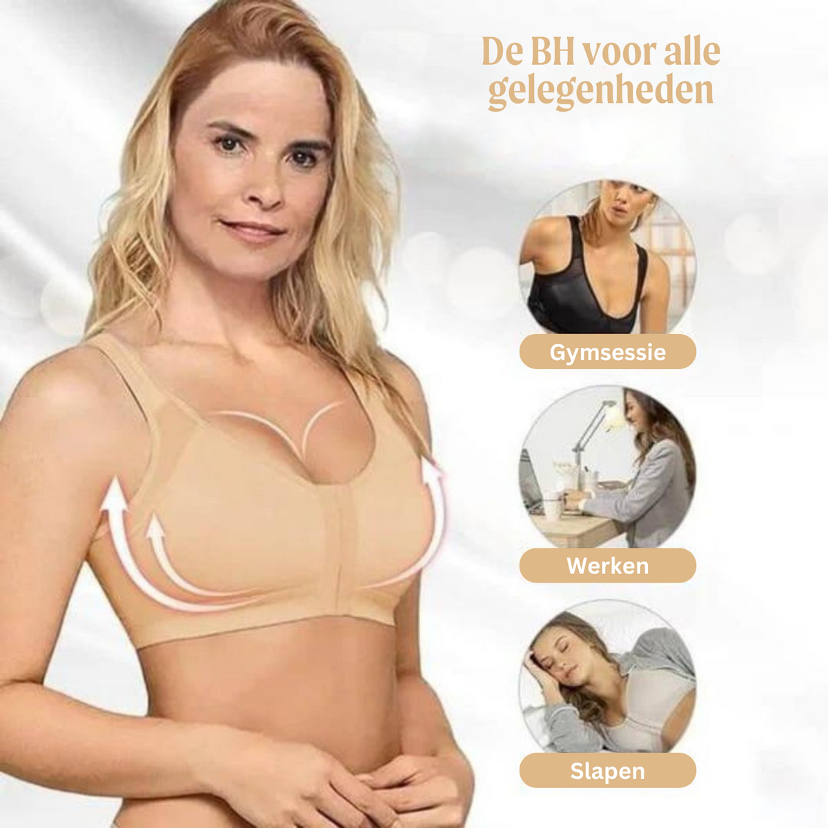 Comfort Bra for Posture Support with Front Closure - Black, Beige, White