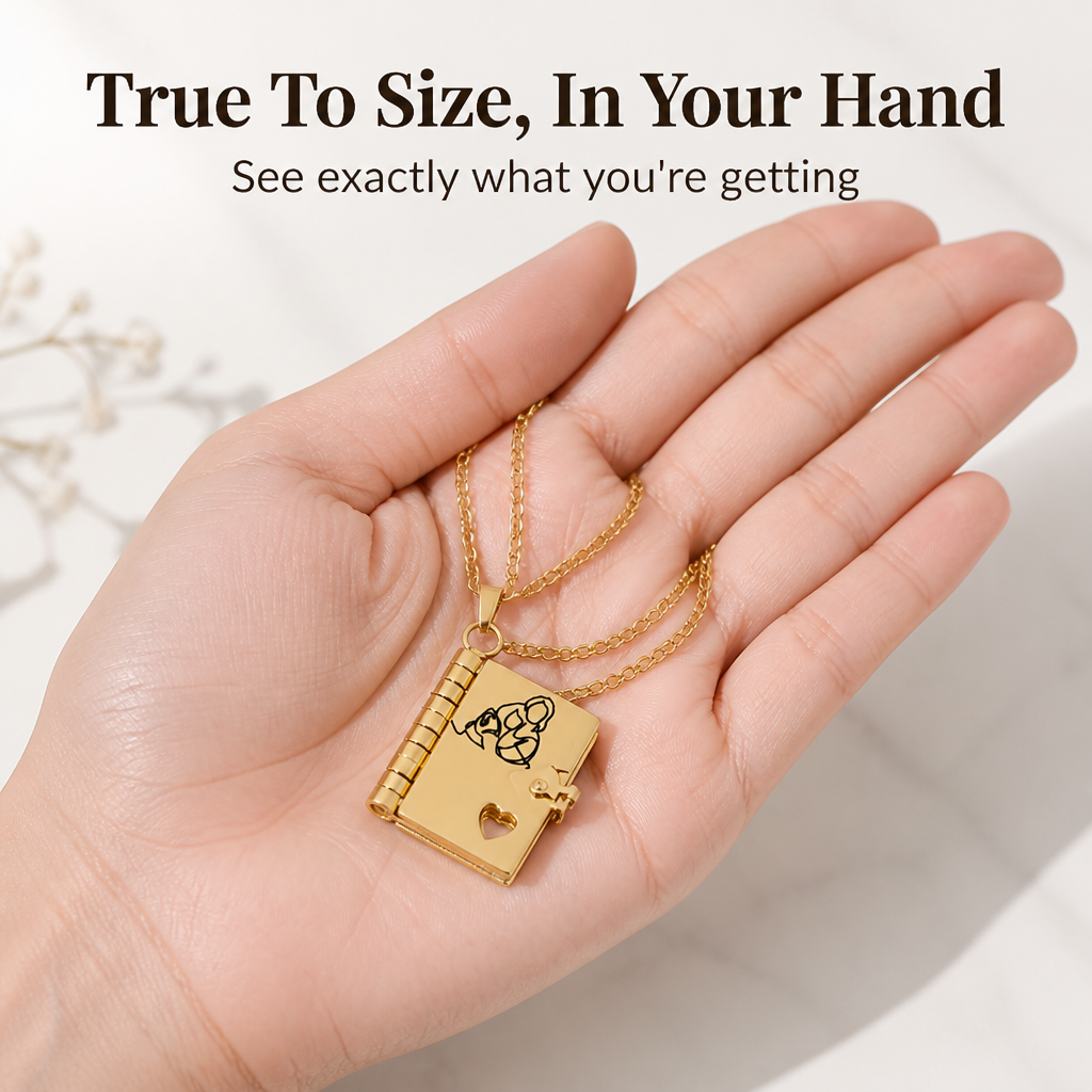 AmorieLuxe™ – Engraved Book Locket Necklace with Heart Cutout & Hidden Pages