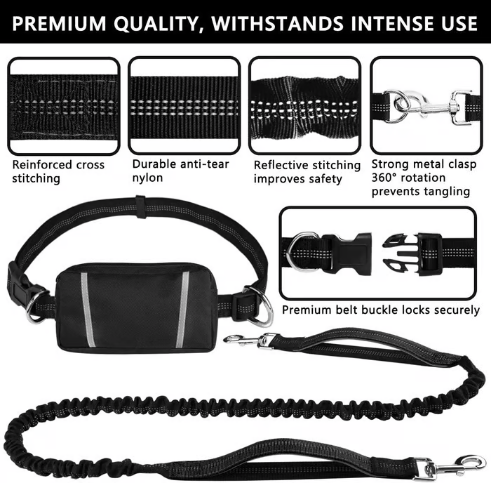 Bungee Dog Leash for Hands-Free Use – Reflective Waist Strap for Running, Hiking, and Walking