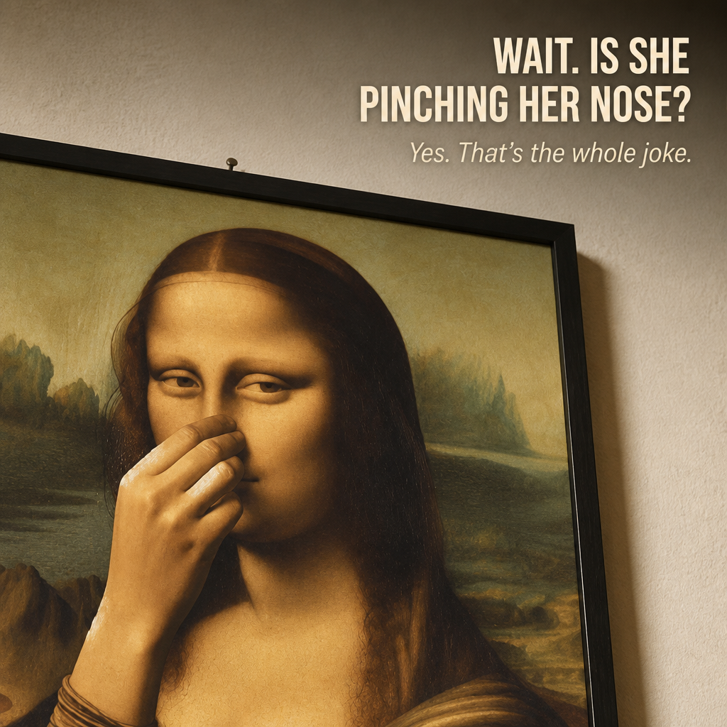 QuirkyCharm™ — Hang Mona Lisa Holding Her Nose Over Your Toilet