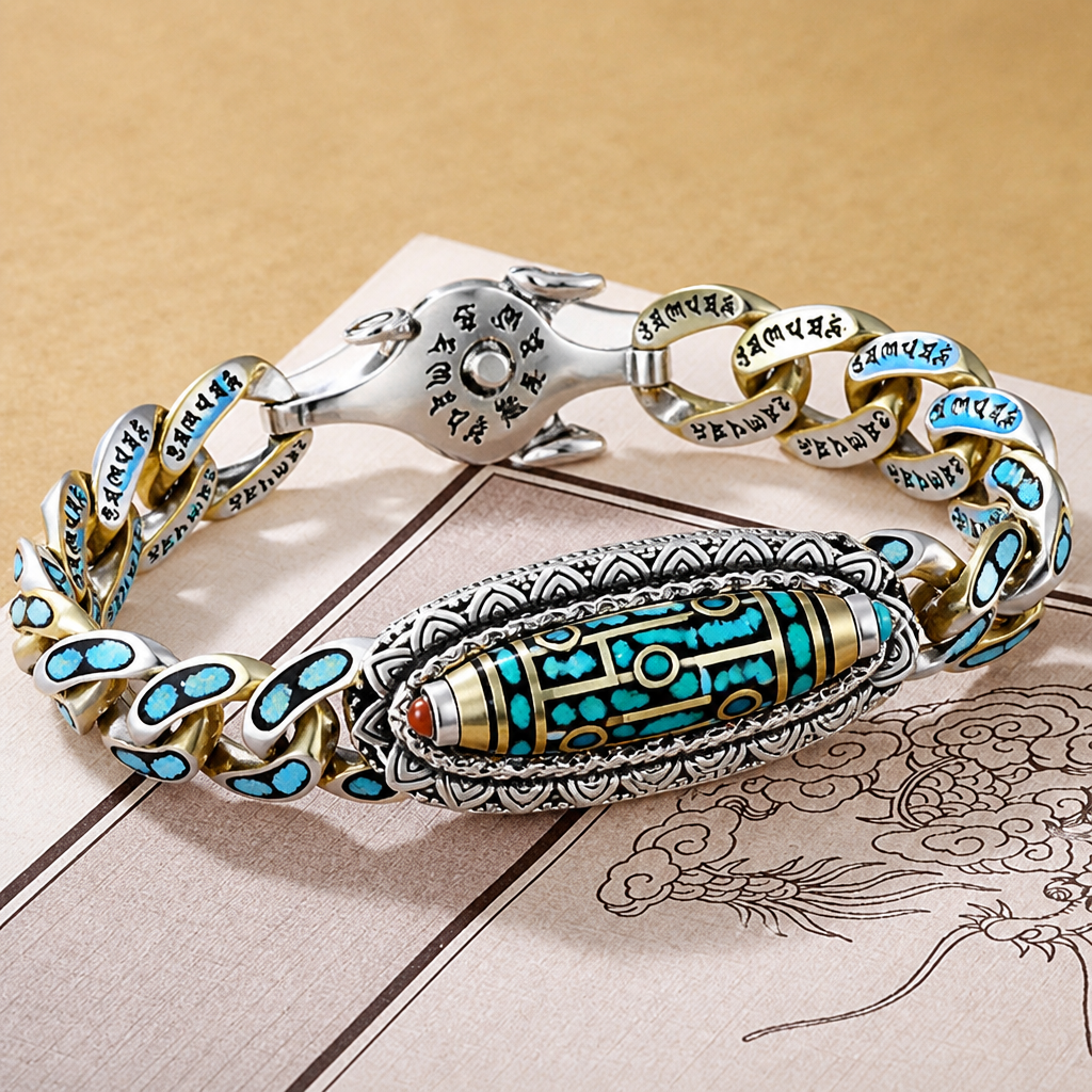 SereniStone™ – Tibetan Nine-Eyed Dzi Bead Bracelet Featuring Turquoise Inlay