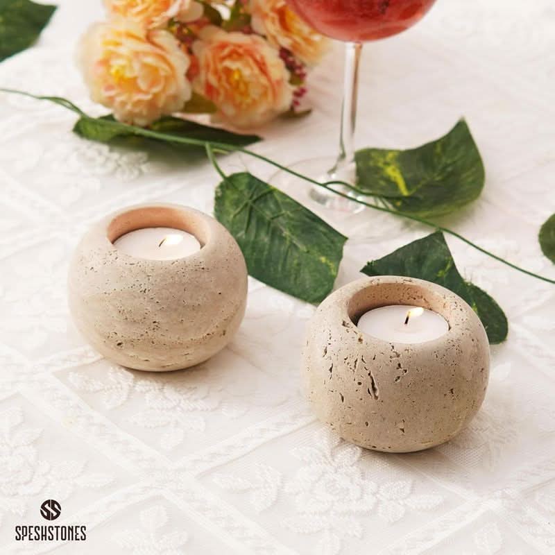 Set of 2 Travertine Candle Holders for Votives