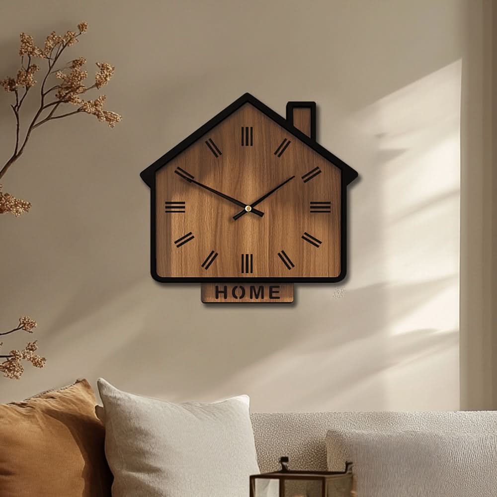 Rustic Wooden Wall Clock in House Shape