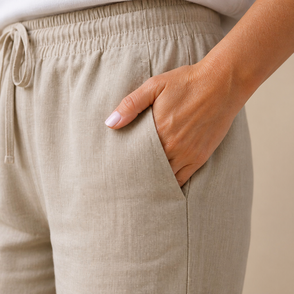 Flexiva™ – Comfortable Cotton-Linen Tapered Pants with Adjustable Drawstring Waist
