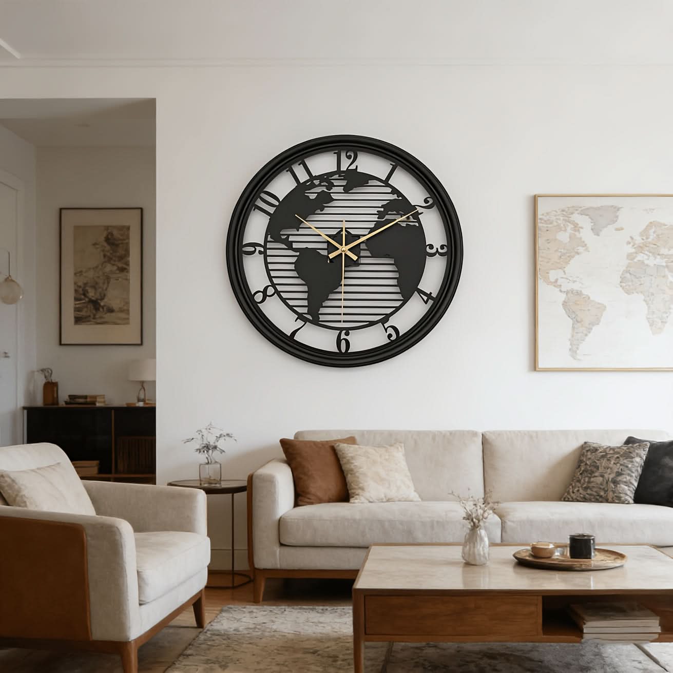 Silent Metal Wall Clock Featuring World Map Design