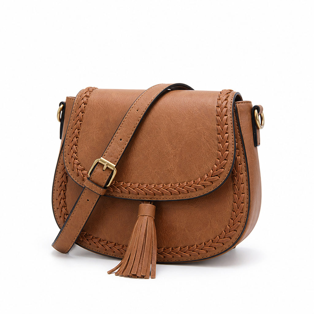 Faux Leather Tassel & Braided Trim Crossbody Bag (Adjustable Strap)