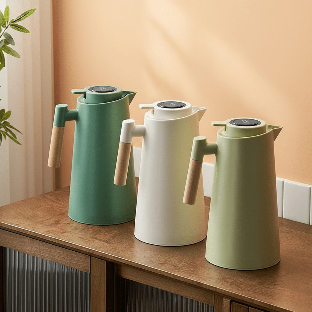 Insulated Beverage Container with Temperature Indicator & Wood Handle