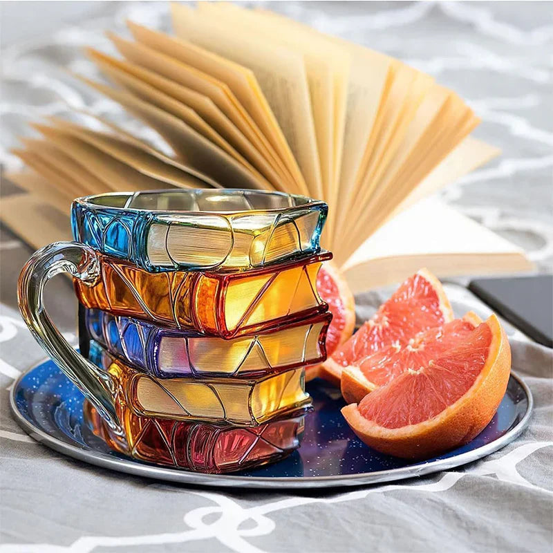Hand-Painted Drinking Glass with Stack of Books Design – 191ml