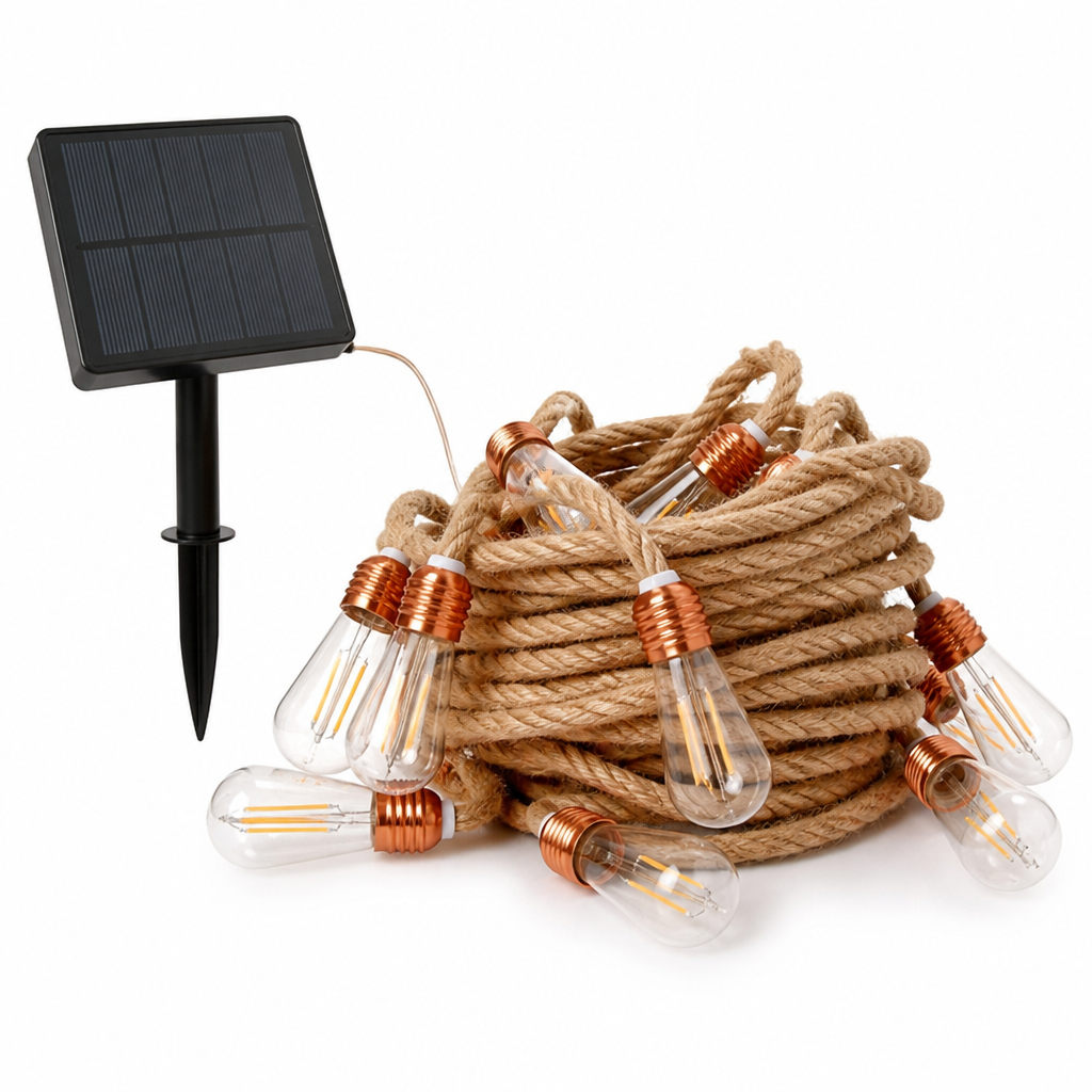 Solar-Powered Hemp Rope Outdoor String Lights (IP55 Waterproof)