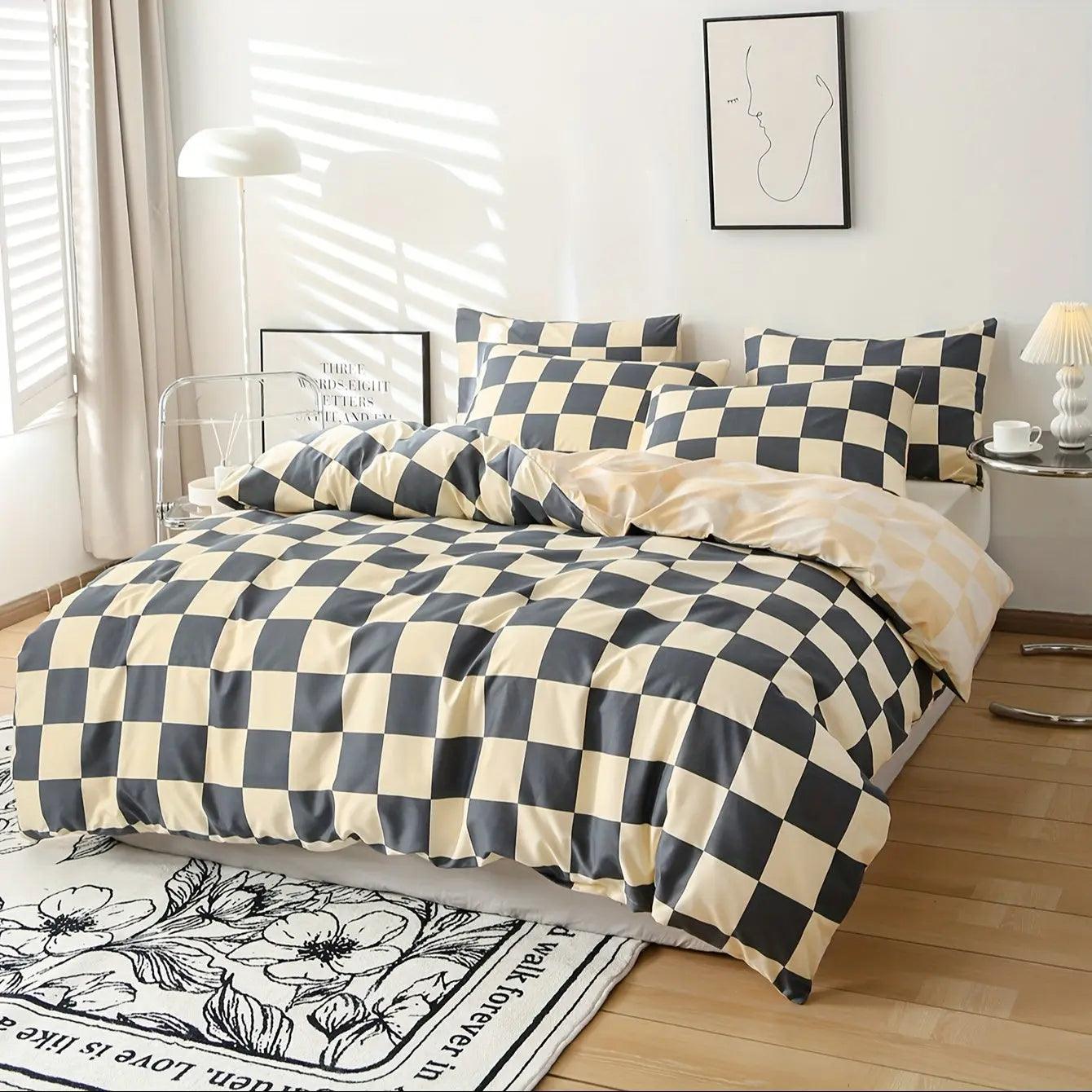 Zipper Closure 3-Piece Checkered Bed Linen Set