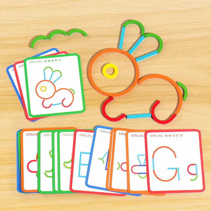 Construction Set with Wooden Sticks, Rings, and Activity Cards