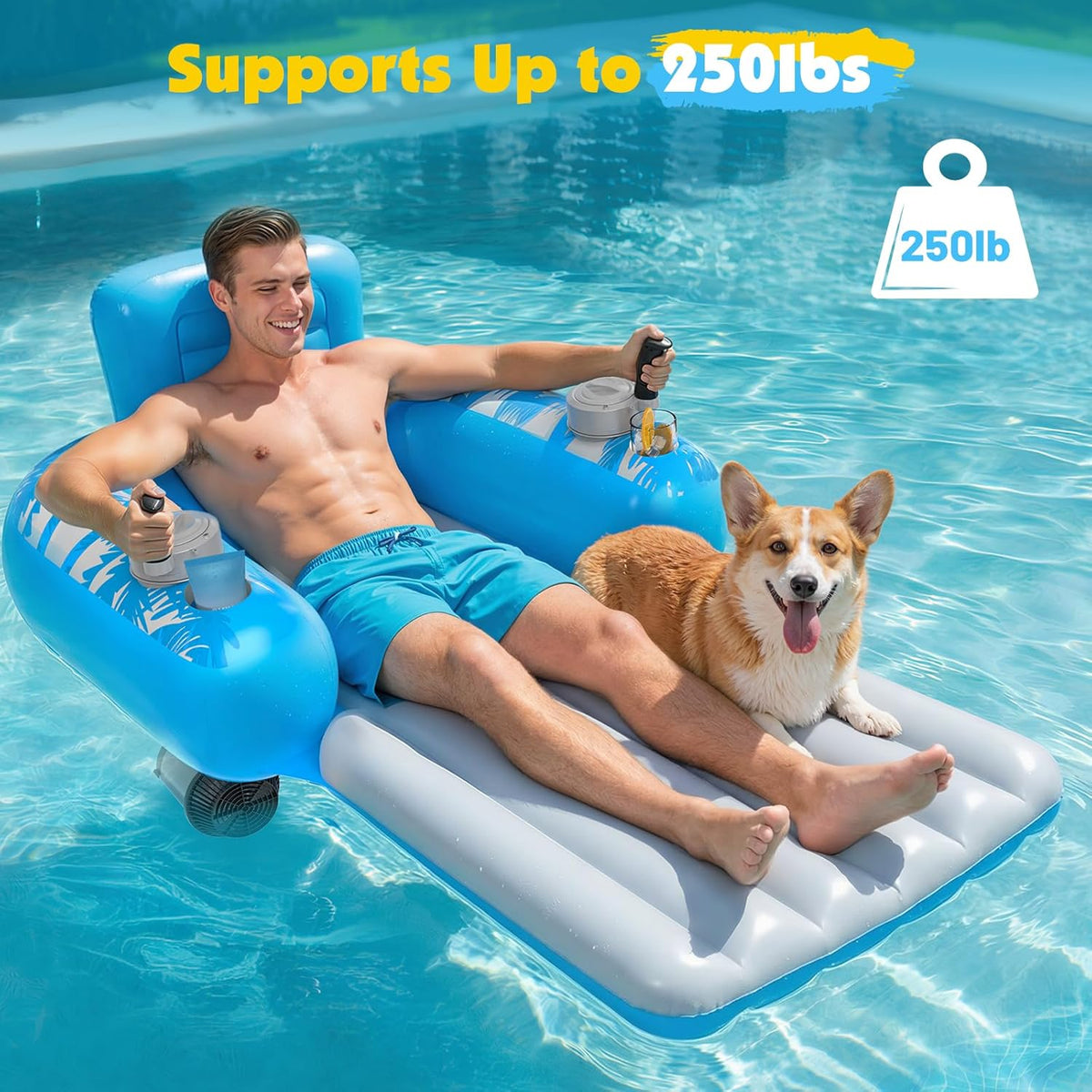 Rechargeable Dual-Motor Inflatable Pool Lounge for Adults – 360° Glide with Storage Pockets