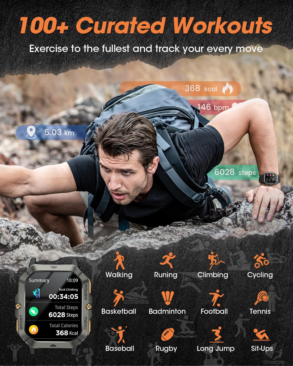 Waterproof Smart Watch for Men | Fitness Tracker with Bluetooth Calls, Heart Rate, Blood Pressure, Sleep, and 100+ Sports Modes