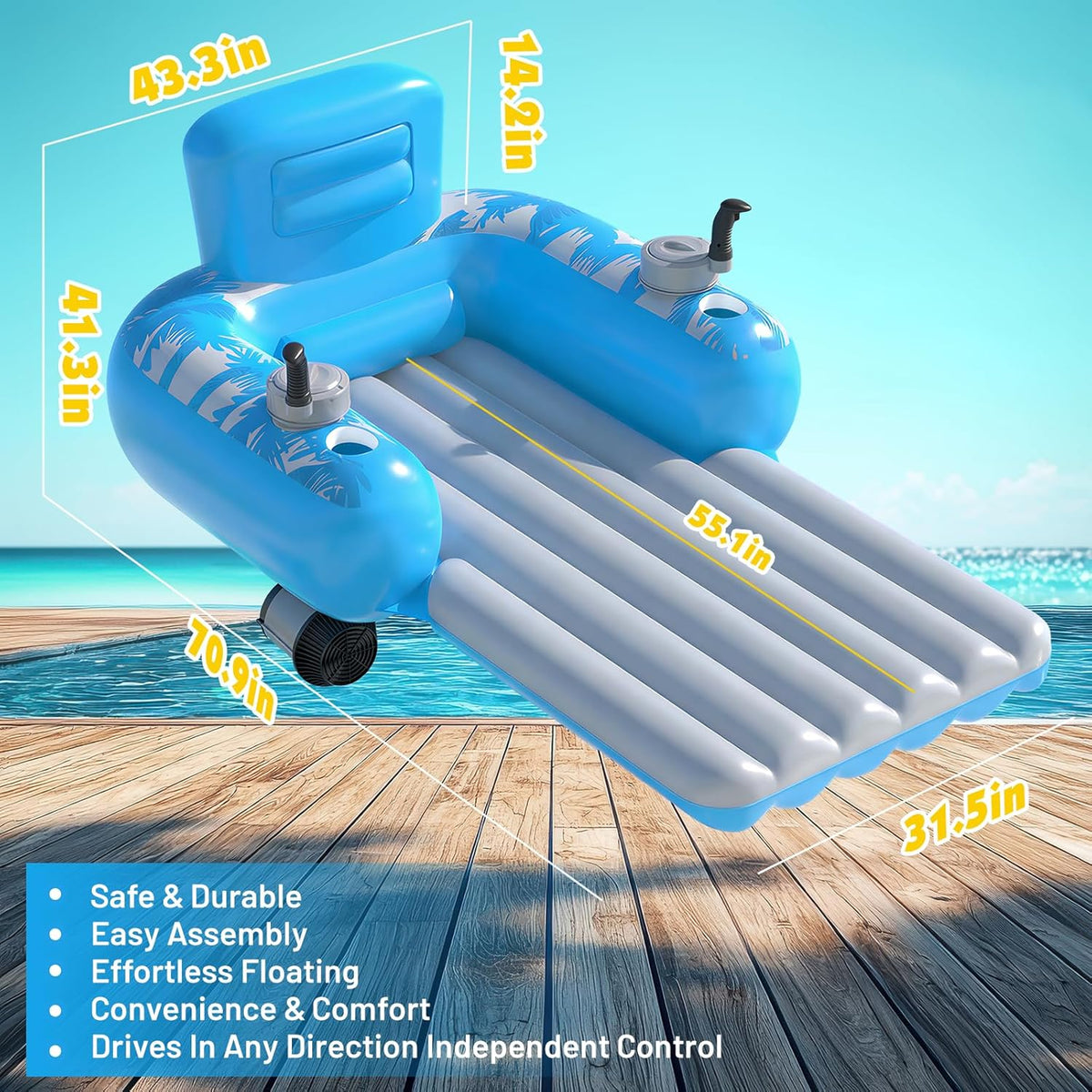 Rechargeable Dual-Motor Inflatable Pool Lounge for Adults – 360° Glide with Storage Pockets