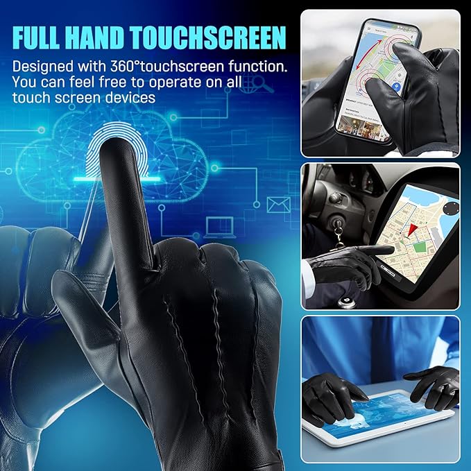 Touchscreen Gloves in Leather with Cashmere Interior Lining