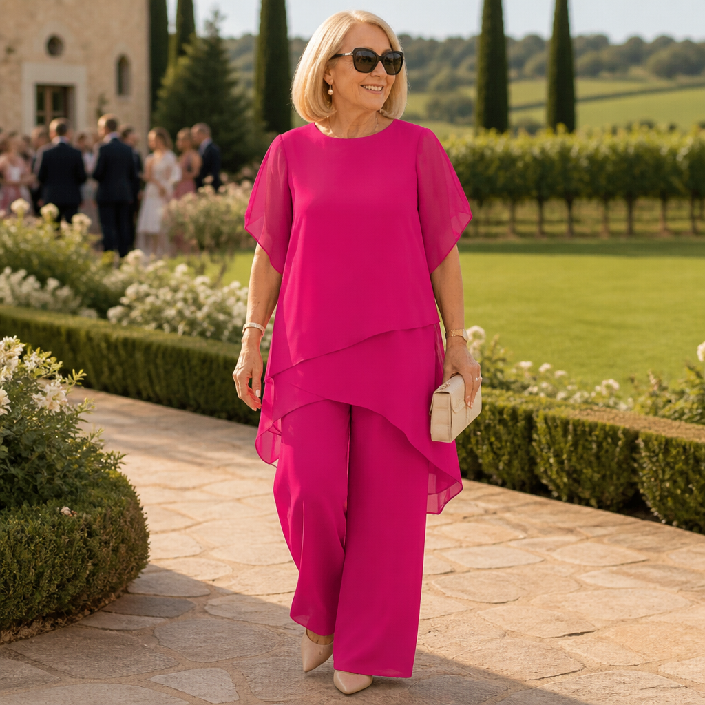 SerenLuxe™ – Sophisticated Chiffon Two-Piece Set Featuring Asymmetric Layered Top