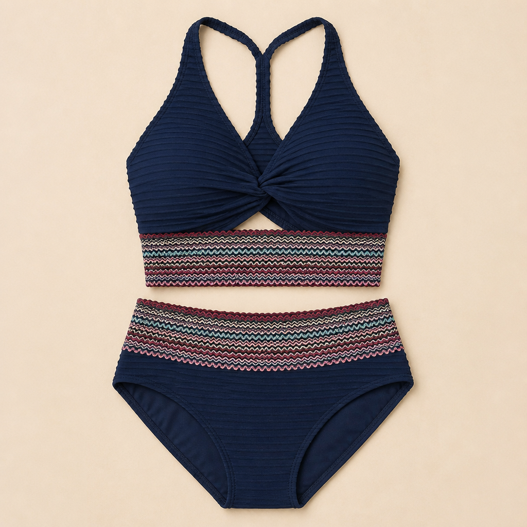 SereneShape™ – Smocked High-Waist Two-Piece Swimsuit with Tummy-Contouring Band