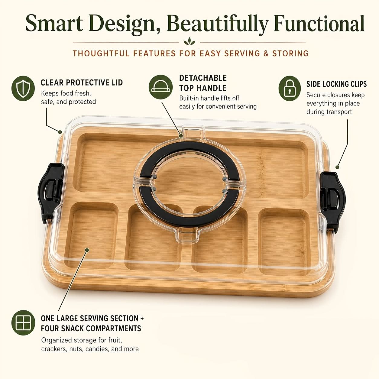 Bamboo Snack Tray with Lid – Divided Design for Serving and Storage