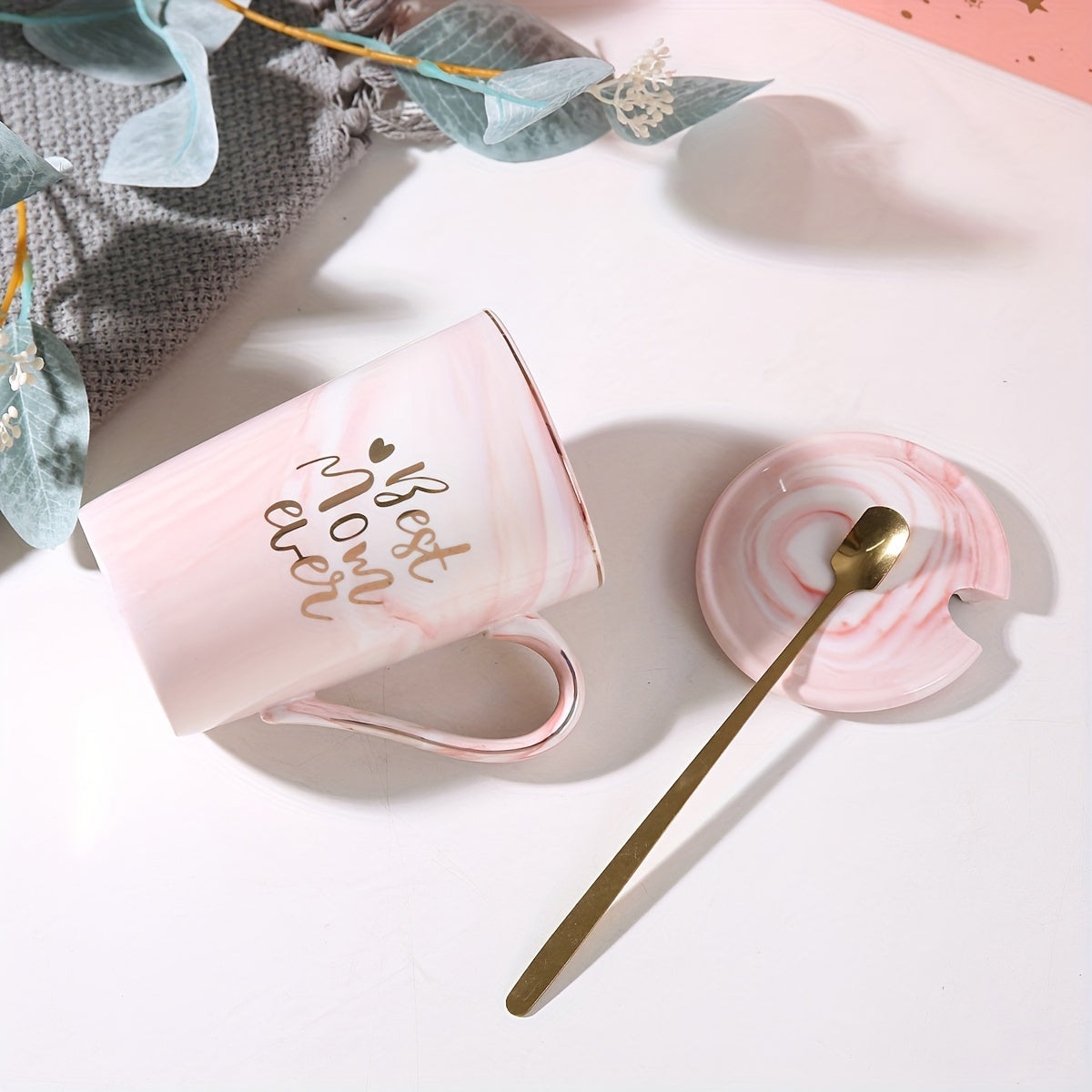 Marble-Patterned Coffee Mug with Lid and Spoon