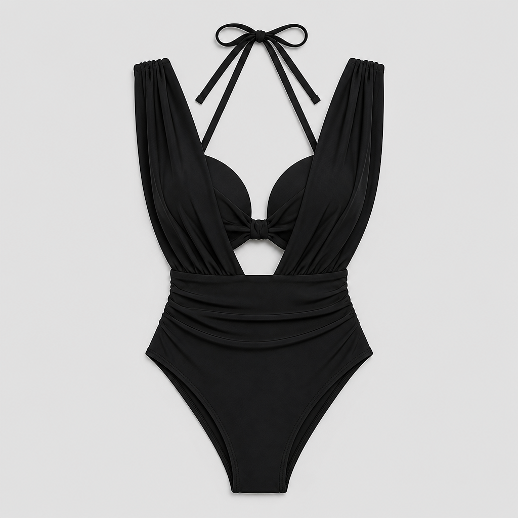 AquaSculpt™ – One-Piece Plunge Swimsuit with Ruched Waist Sculpting