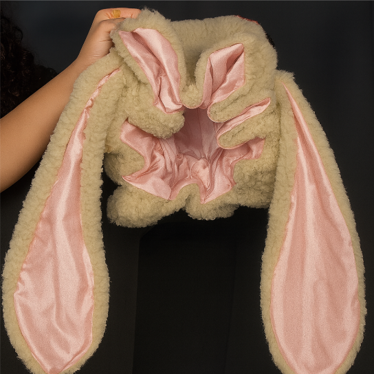 Satin-Lined Hair Protection Hat with Plush Rabbit Ears