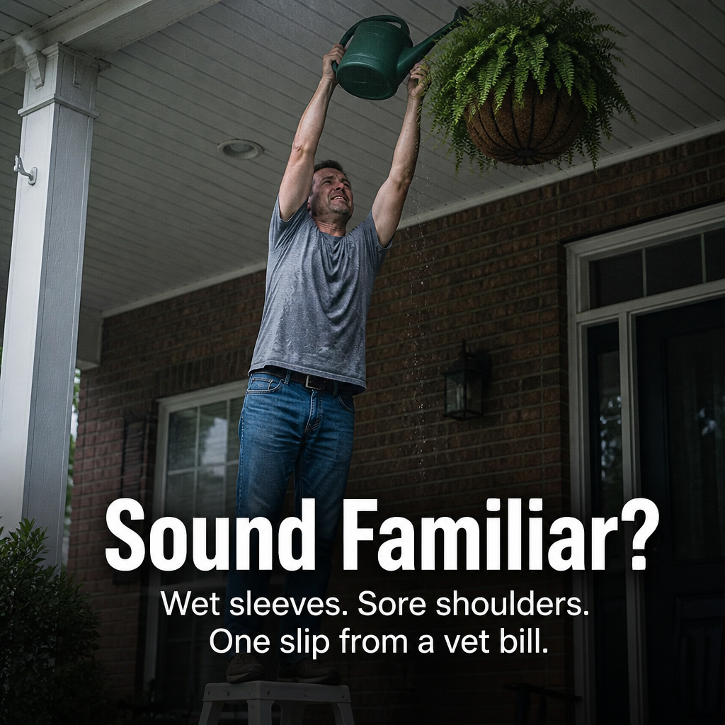 FlexiGroove™ — Lower Hanging Baskets to Chest Level for Ladder-Free Watering