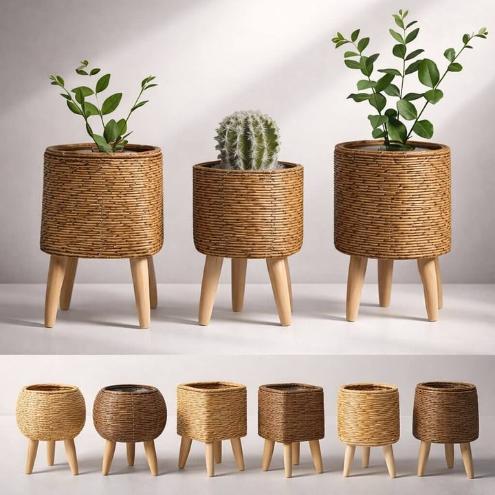 Flower Planter with Wooden Stand | Basket Weave Texture | Ideal for Indoor and Outdoor | Plantara