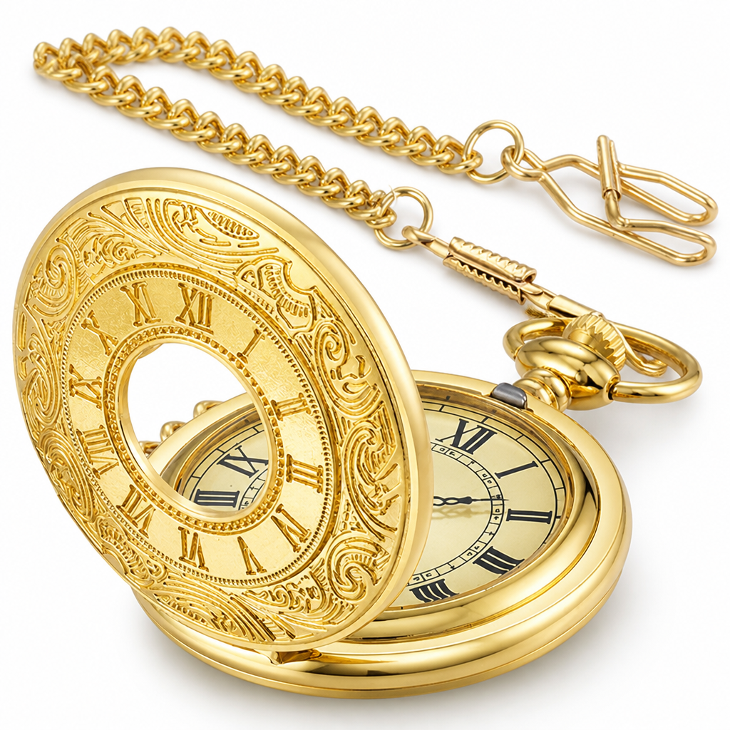 Vintage Roman Numerals & Quartz Pocket Watch (Chain Included)