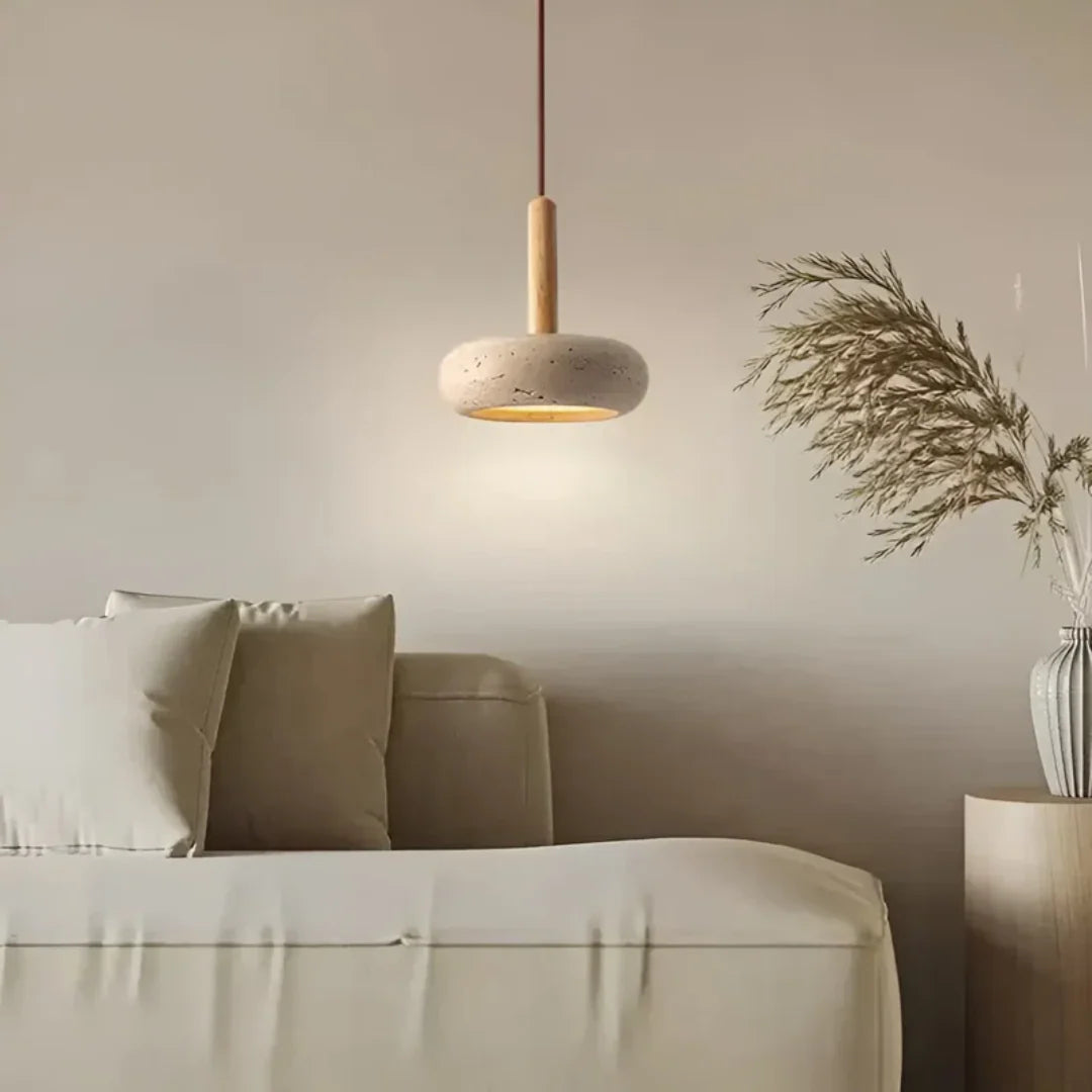 Travertine Hanging Light with Wooden Accent – Warm Glow, Adjustable Cord