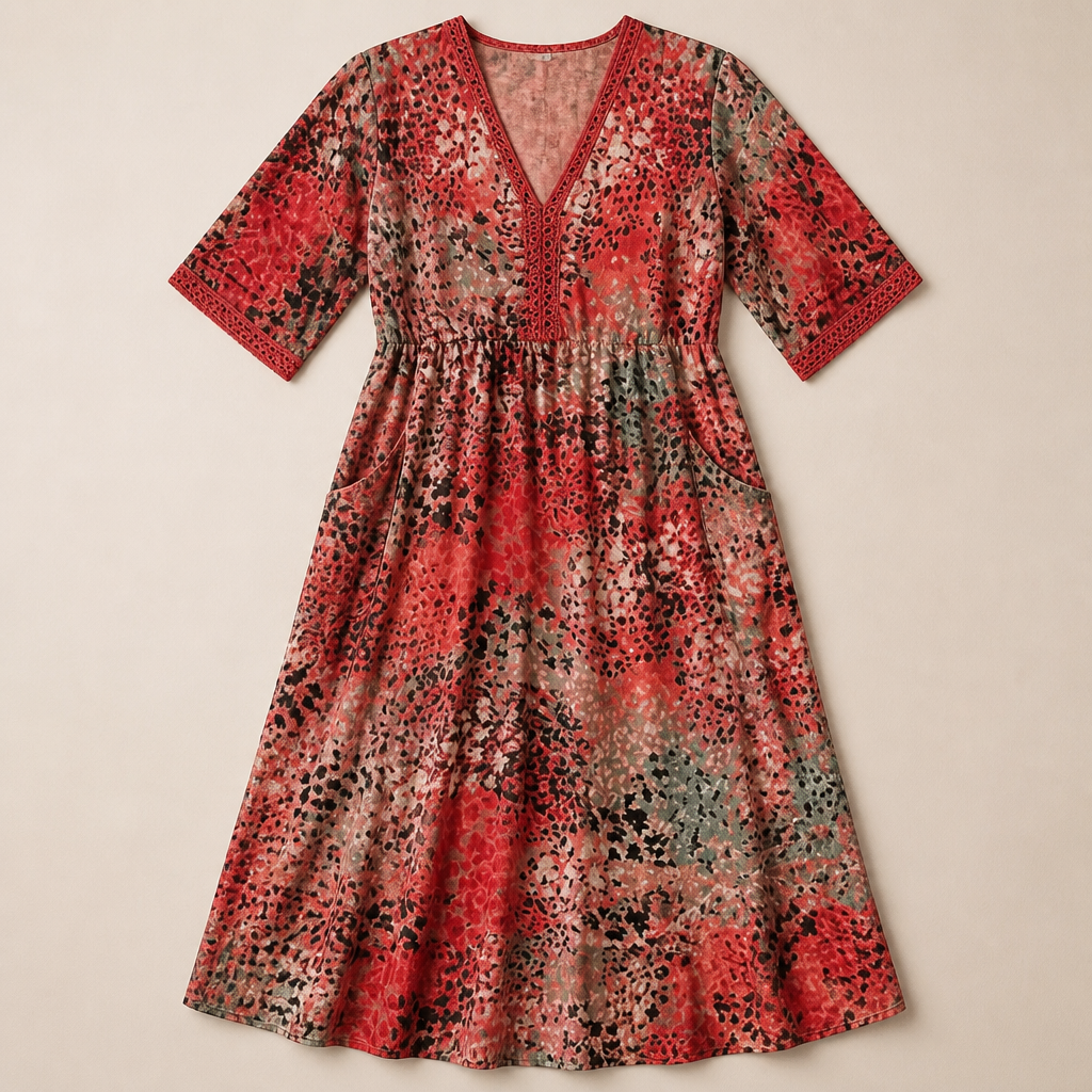 Aesthetic — boho printed midi dress celebrating style, comfort, and a mature vacation vibe.