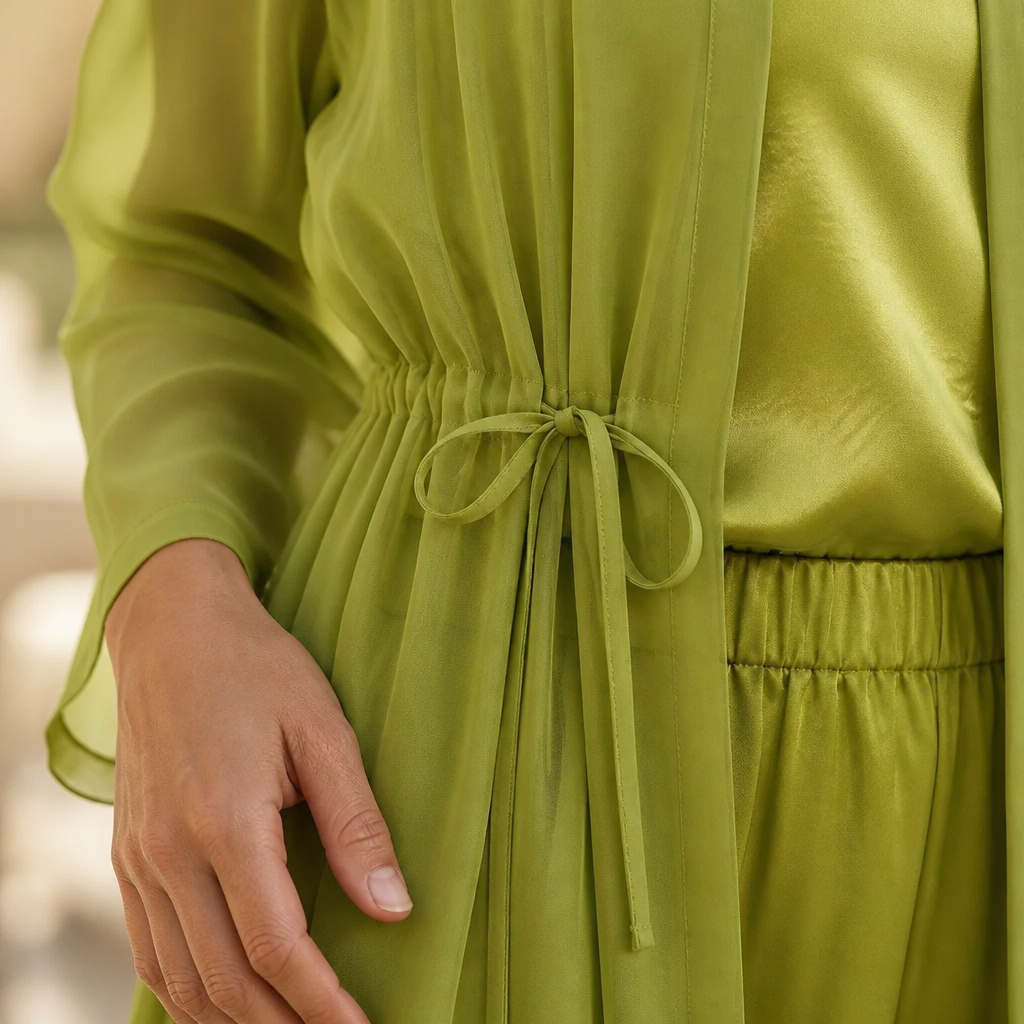 AristaLuxe™ – Three-Piece Wide-Leg Pant Ensemble with Sheer Chiffon Duster Flowing